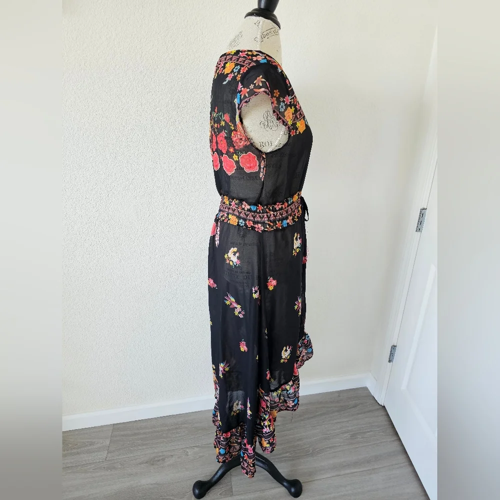 Floral Black Sheer Swim Coverup Dress With Flower And Bird Print One Size